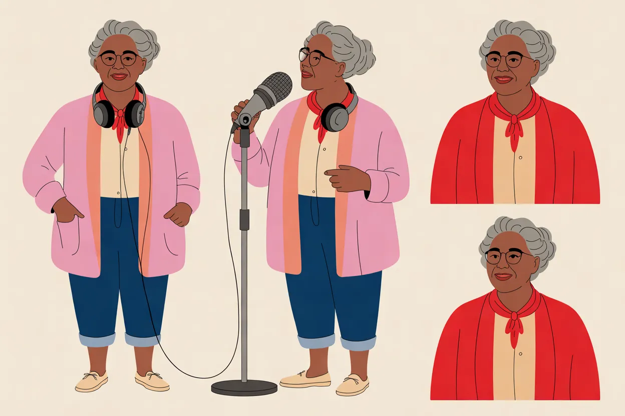 The Porch Broadcaster character sheet on a warm cream background, with short silver curls, round glasses, a cream blouse, a red neckerchief, rolled blue jeans and beige shoes. It shows a full-body front view in a pink cardigan with headphones around her neck and her hands in her pockets, a full-body three-quarter view in the same cardigan speaking into a microphone on a stand with one finger pointing, and two identical head-and-shoulders close-ups in a red cardigan with the same closed-mouth smile.