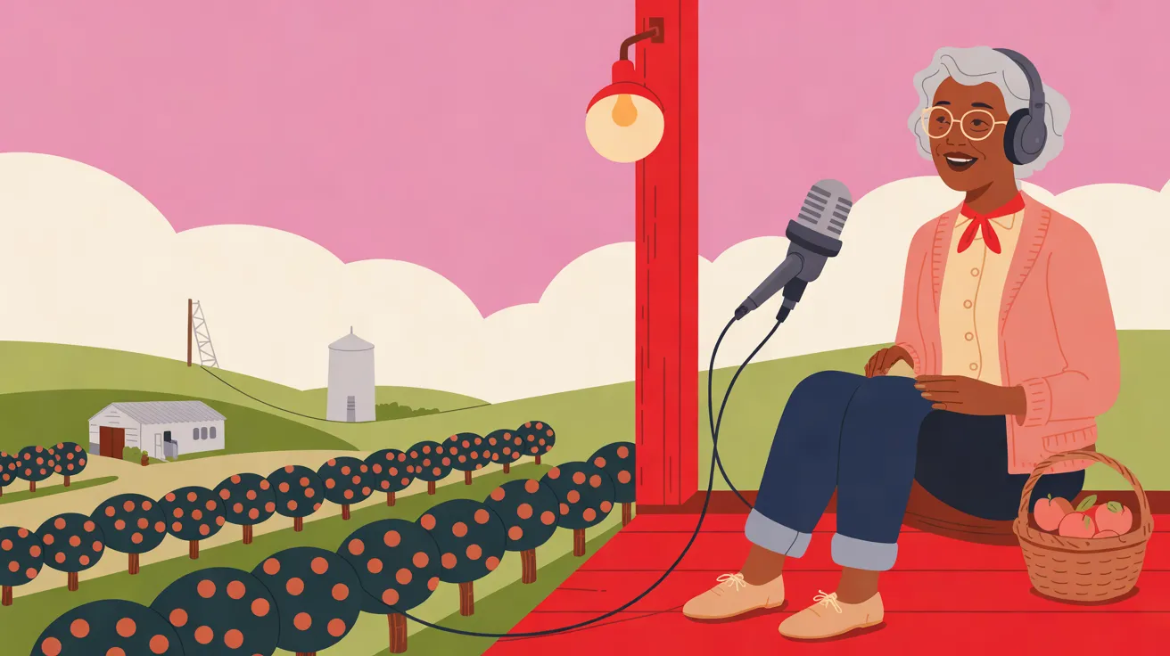 The Porch Broadcaster, a woman in her late fifties with deep brown skin, short silver curls, round glasses and grey headphones over her ears, sits on a low seat at the right of a red porch and speaks into a grey vintage microphone trailing two black cords. She wears a peach-pink cardigan over a cream blouse with a red neckerchief, rolled dark denim and beige lace-up shoes; a lamp with a red shade glows on the porch post beside her and a basket of peaches sits at her side. To the left, rows of round peach trees run toward a white shed, a pale silo and a lattice tower on green hills under a pink sky with cream clouds.